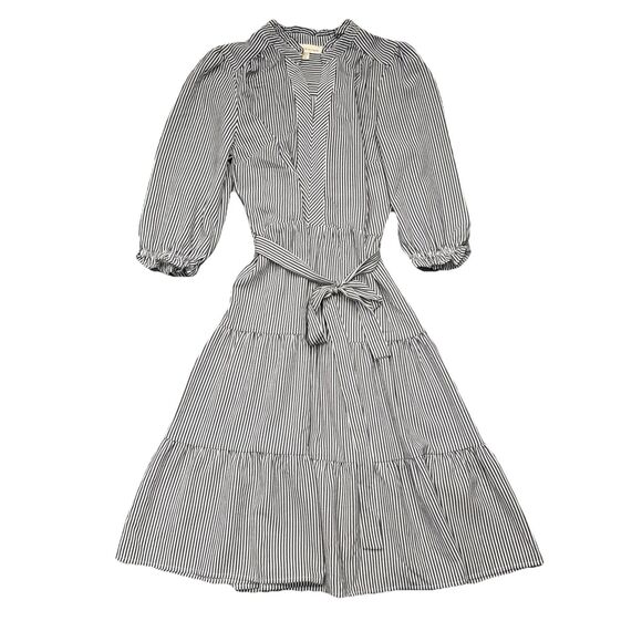 Monteau Dresses & Skirts - Monteau Dress M Blue White Pinstripe Belt V-Neck Knee Length Lightweight Tiered